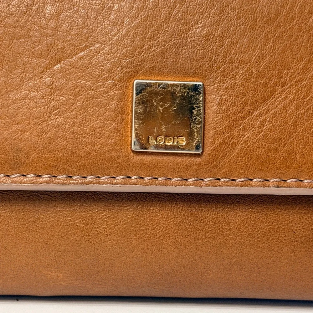Lodis‎ Leather Classic Flap Snap Wallet Trifold Purse- Caramel Brown Card Holder